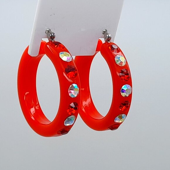 chunky dark red color Lucite Acrylic wide 1.5 Hoop Latch Back Fashion Earring - Picture 2 of 3